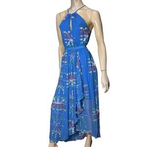 Twelfth Street Cynthia Vincent S Blue Aztec Ruffle Hem Halter Neck Maxi Dress